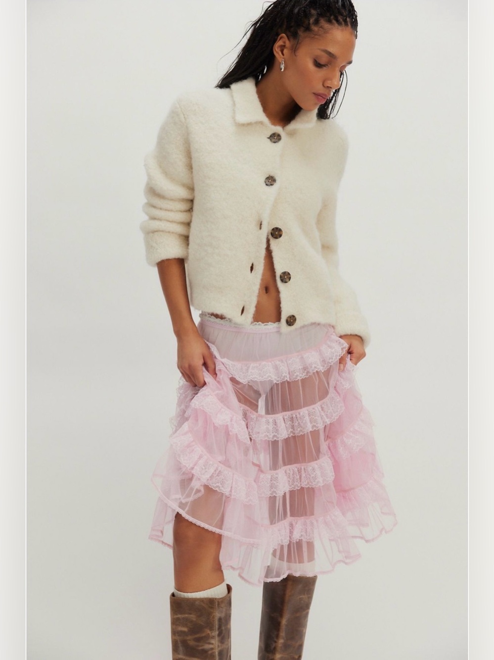 NWT Intimately Free People More For Me Mini Slip Skirt Layered Tulle Lace Pink S